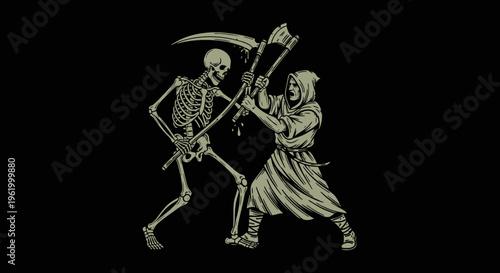 Grim Reaper Skeleton with Scythe Fighting a Medieval Monk with an Axe, Vintage Woodcut Style Illustration of Life and Death Struggle