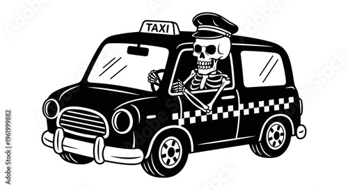 Skeleton taxi driver operating a vintage black cab, spooky vector illustration of a skull chauffeur in a classic car.