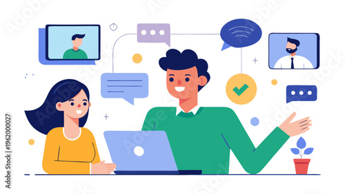 Remote team collaboration, online meeting, communication icons, business partnership