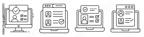 Icons of computer and mobile devices depicting profile creation and approval process