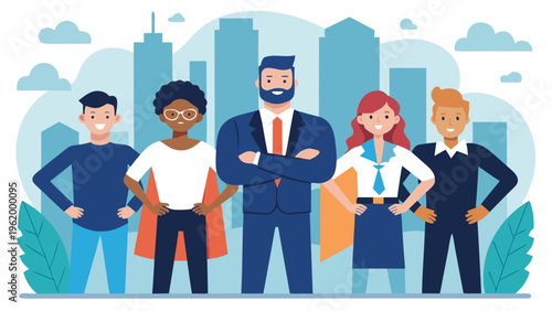 Diverse business team, confident professionals, city background, vector icons