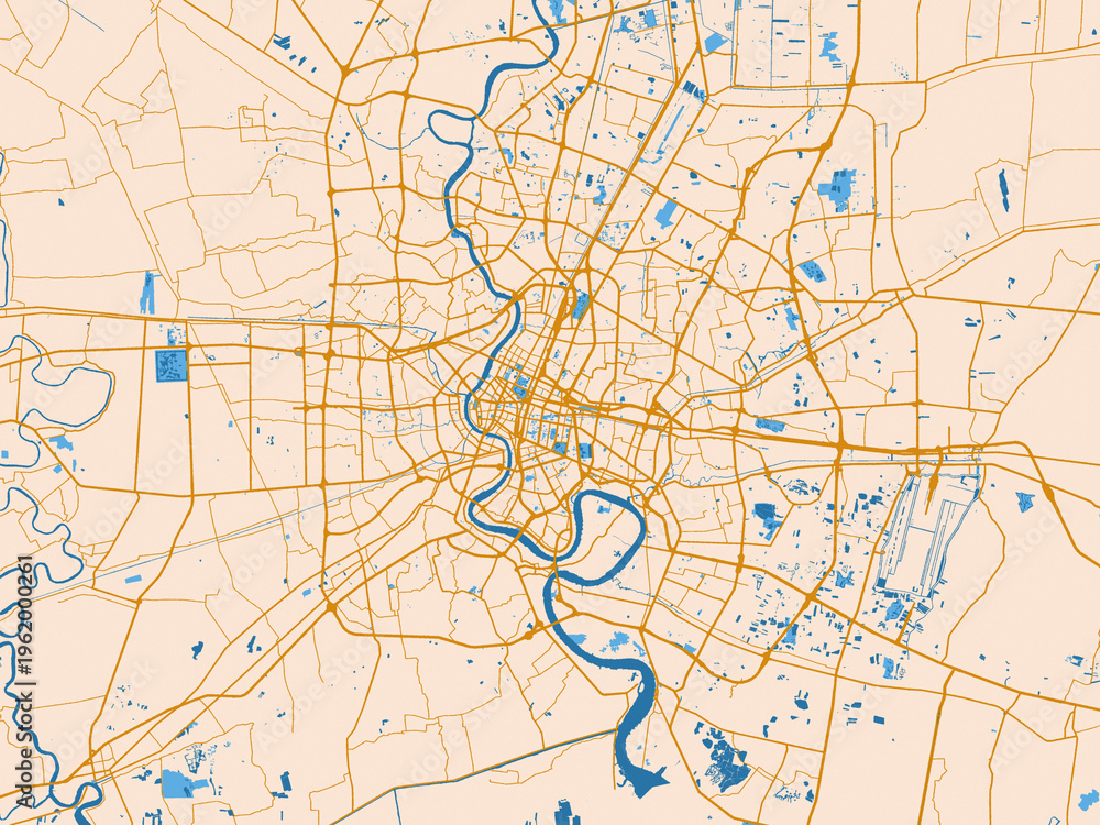Obraz premium Urban map poster of Greater Bangkok, Thailand with light cream city field with mustard-gold linework and vivid blue lakes, rivers and waterways