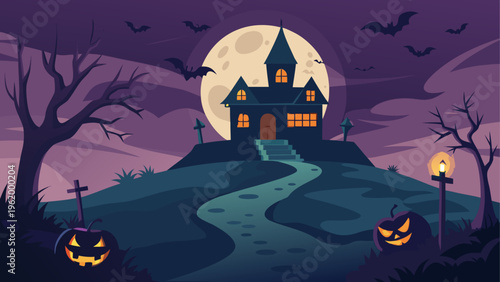 Halloween haunted house, spooky mansion, creepy landscape, purple night