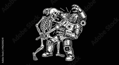 Vintage Engraving Style Illustration of a Duel Between a Human Skeleton and a Steampunk Mechanical Robot