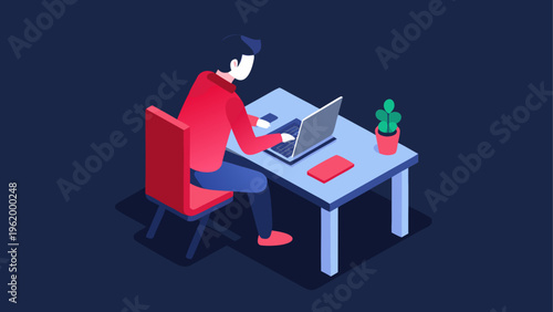 Office worker on laptop, modern desk setup, business professional vector, workspace illustration