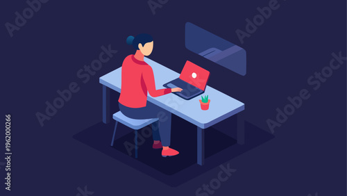 Flat design businesswoman working on laptop, office workspace, modern illustration, vector graphics