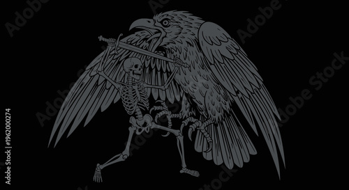 Skeleton Warrior Fighting a Giant Raven with a Sword, Gothic Fantasy Vector Art Illustration on Black Background