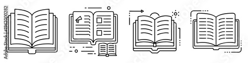 Minimalist line art depicting various open books with different elements around them