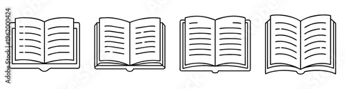 Outlined illustration featuring four open books in a row with simple line art