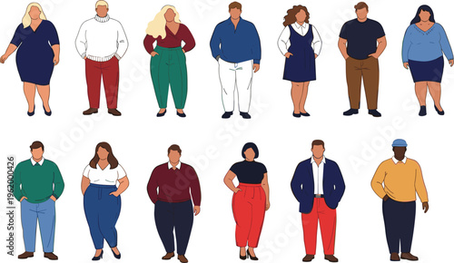 Diverse plus size people characters set with men and women in casual outfits, body positive inclusive fashion models vector illustration collection for lifestyle design