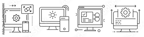 Computer and Device Interconnectivity Displaying System Settings and Various Functions, Modern Linear Design