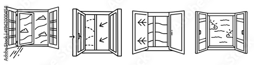 Four different window designs showing air flow and weather conditions outside