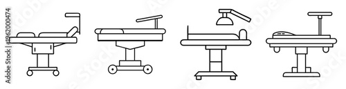 Outline drawings of various designs for hospital beds and examination tables