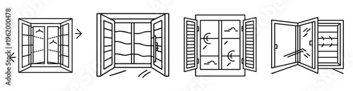 Illustrations showing various types of window opening mechanisms in black and white