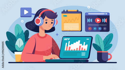 Remote worker, woman with headphones, laptop, productivity, office