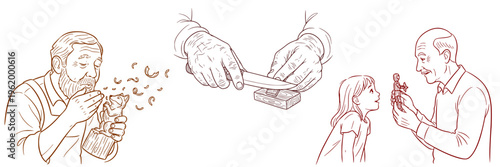 Wood carving, carving toys in a vector set: a man carving wood with a knife, a man who carved a wooden toy blowing wood shavings off it, a grandfather giving a wooden doll he carved to his granddaught