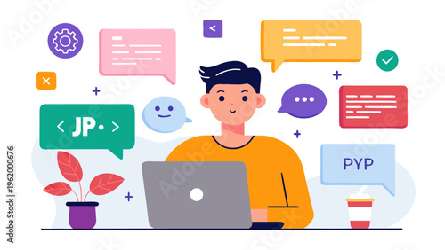 programmer, developer, coding, chat bubbles, illustration