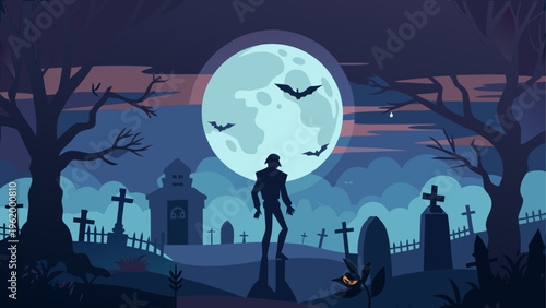 Halloween, zombie, graveyard, moonlit night, vector illustration