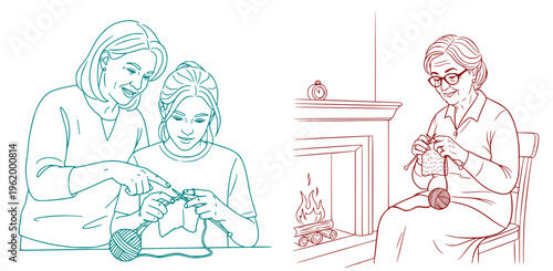 Vector set about knitting: an elderly woman knitting by the fireplace, a mother teaching her daughter to knit, a daughter knitting
