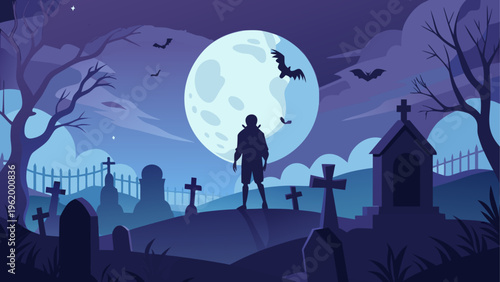 Halloween, spooky night, full moon, graveyard, silhouette