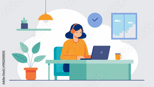 Remote worker, woman at desk, home office, laptop, vector illustration