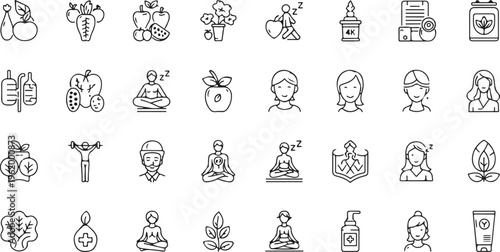 set of hand-drawn yoga and meditation doodles with wellness icons and healthy lifestyle symbols
