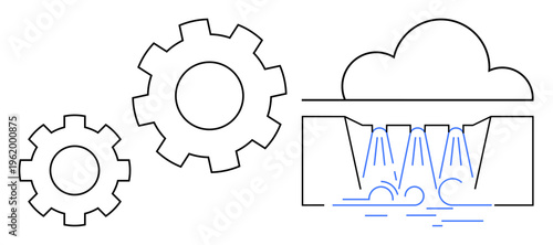 Cloud computing, automation, data processing, digital transformation, technology integration, operational efficiency. Gears beside flowing data under a cloud. Cloud computing and automation concept