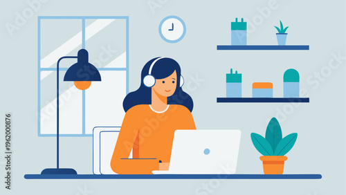 Remote worker, woman with laptop, office desk, home workspace