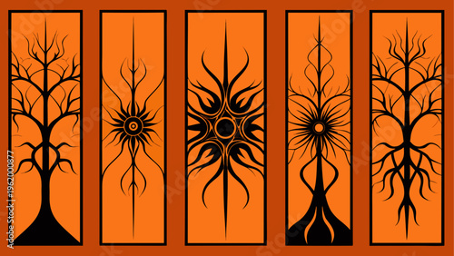 Neuron trees, neural network, black icons, orange background