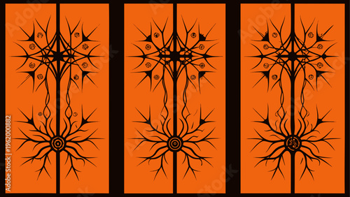 Neuron, neural network, brain cell, orange background, vector icons
