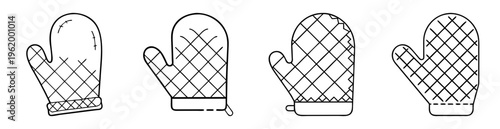 Four outlined oven mitts with different pattern designs and shapes