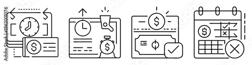 Financial time management and payment planning icons symbolizing deadlines and budget optimization