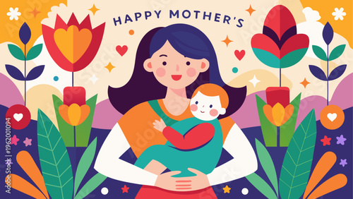 Mother's Day, happy mother, baby, floral vector illustration