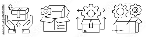 Black and white linear icons depicting product delivery and engineering processes