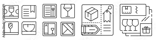 Shipping and handling line art icons set, fragile item, documentation, box