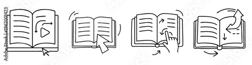 Four illustrations depicting page turning and reading actions with books and cursors