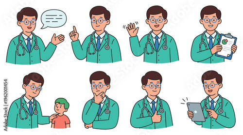 Comprehensive healthcare professional character illustrations depicting a doctor's diverse medical actions and clinical interactions