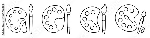 Four artistic paint palettes with paint brushes in a line vector image