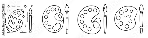 Paint palettes and paintbrushes monochrome line art vector illustration set