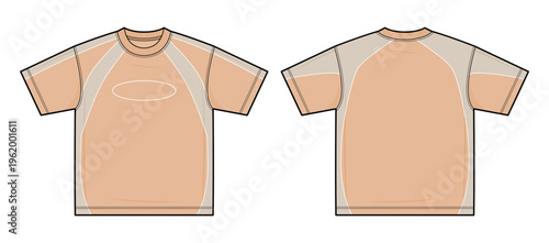 Peach and Tan Panelled Oversized Boxy Tee Technical Drawing - Retro Sporty Two-Tone T-Shirt Vector template.