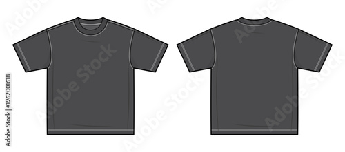 Charcoal Black Oversized Boxy T-Shirt Technical Flat Sketch - contrast stitching Heavy Jersey Tee Vector Template