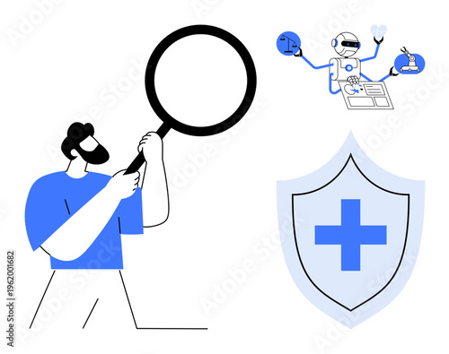 Healthcare, medical research, data security, innovation, telemedicine, and analysis. Man holding magnifying glass, robot analyzing documents and medical shield. s healthcare and data security