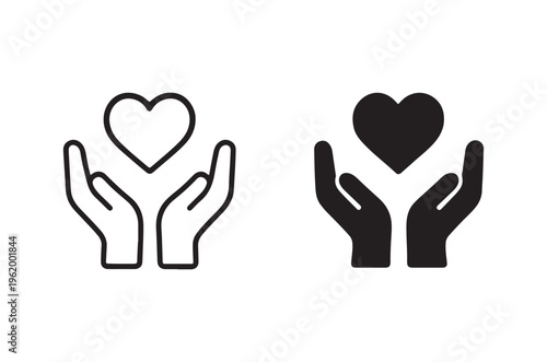 Two variations of cupped hands holding a heart shape icon