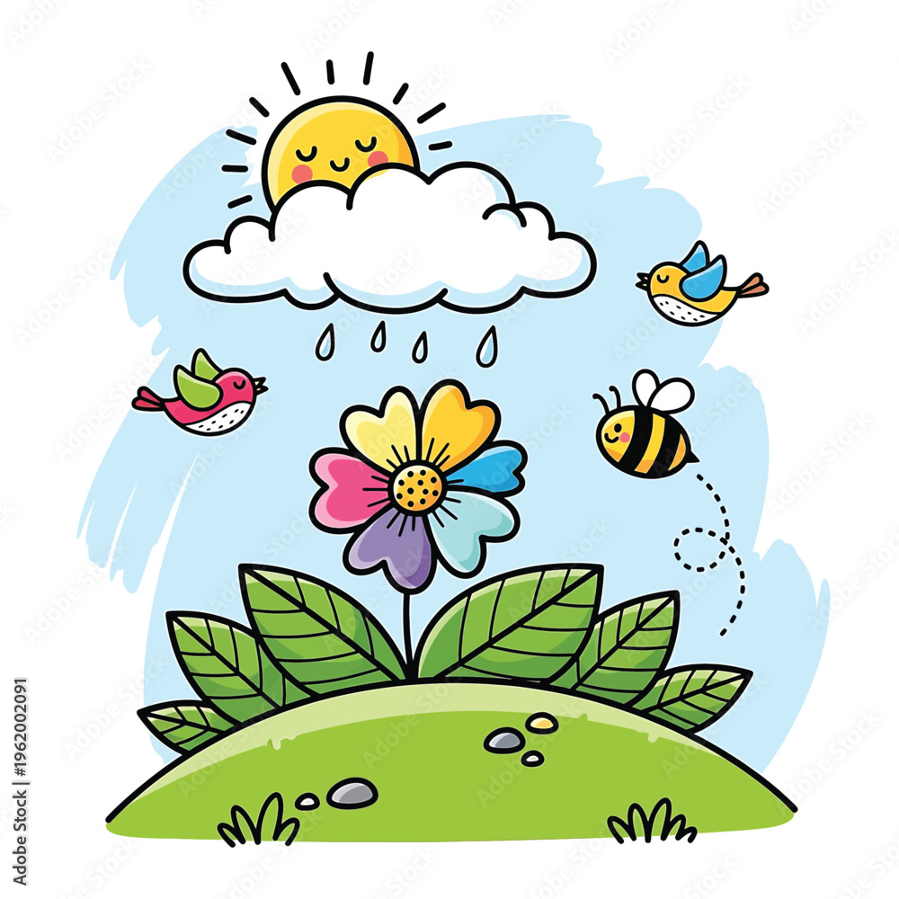 Naklejka premium Colorful cartoon scene with a flower, sun, cloud, birds, and bee