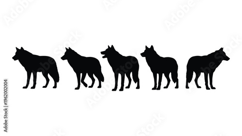 Five donkeys standing in a row in black silhouette against a white background
