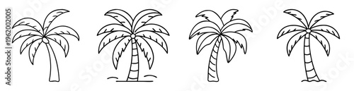 Four outlined cartoon style palm trees in a neat row on white