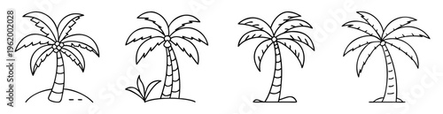 Line art illustration of four palm trees on a white background