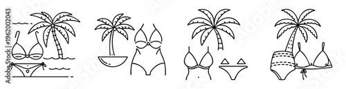 Black and white drawing of beach vacation scenes with bikinis and palm trees