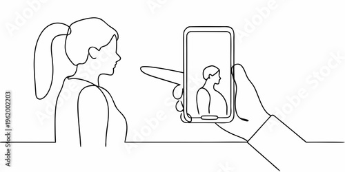 Woman video calling on smartphone continuous line drawing illustration