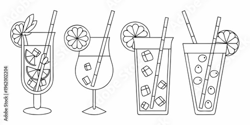 Line drawing of four different glasses of refreshing summer cocktails